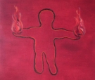 Fantolino in fiamme, olio su juta, cm 140x140